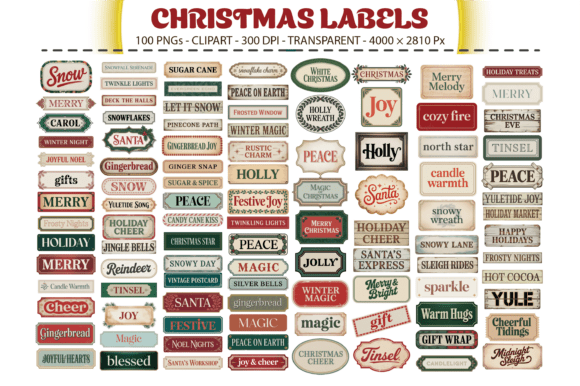 Christmas Labels Clipart – 100 PNGs for Festive Illustrations