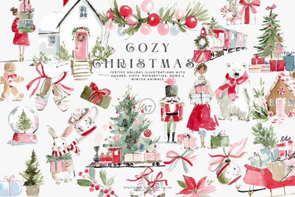 Cozy Christmas Watercolor Clipart Set for Illustrations