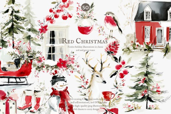 Festive Red Christmas Watercolor Clipart for Illustrations