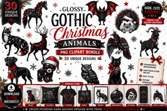 Glossy Gothic Christmas Animals Clipart: A Darkly Festive Design Asset