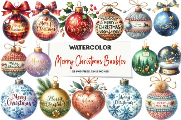 Merry Christmas Baubles Clipart for Seasonal Design Projects