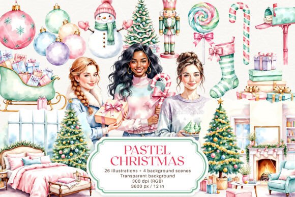 Pink Pastel Christmas, Pink New Year Illustrations for Polished Content Publishing