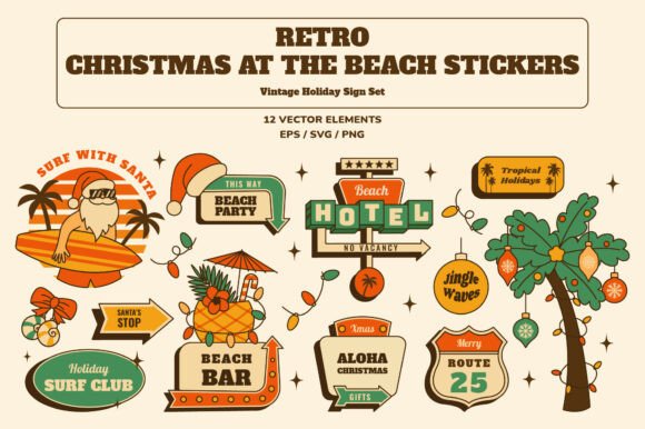 Retro Christmas at the Beach Stickers: Illustrations for Branding