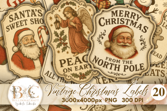 Vintage Christmas Labels Clipart PNG in Illustrations