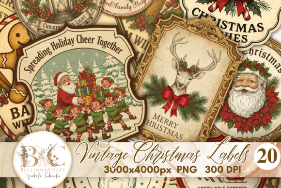Vintage Christmas Labels PART 2 PNG: Illustrations for Seasonal Branding
