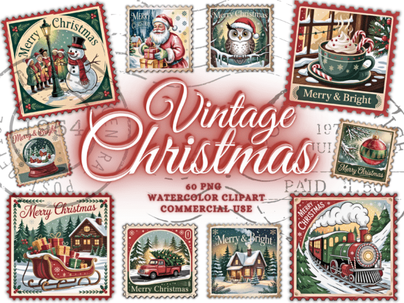 Vintage Christmas Png Bundle Stamps Png Illustrations