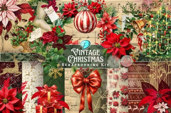 Vintage Christmas Scrapbooking Kit: A Festive Illustration Asset for Local Business Branding