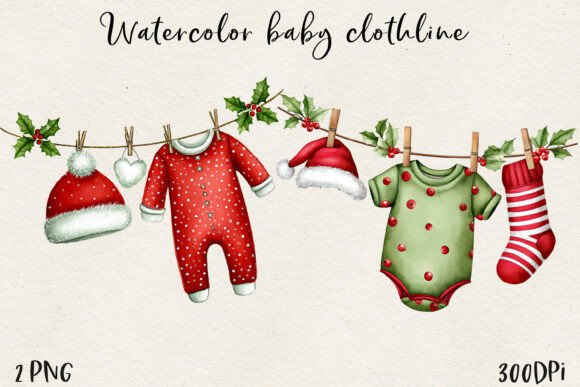 Watercolor Christmas Baby Clothesline Illustrations Review