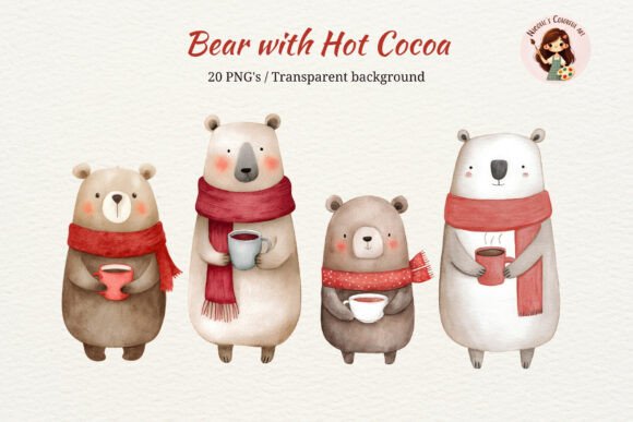 Watercolor Christmas Bear Holding a Cup Illustrations