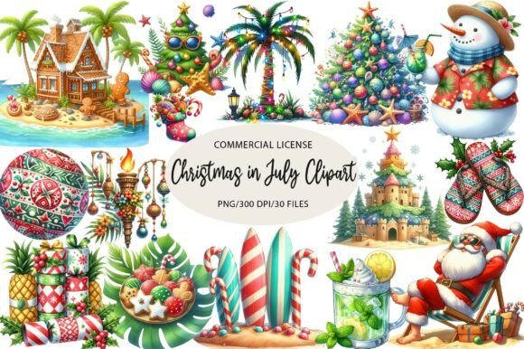Watercolor Christmas in July Clipart for Illustrations