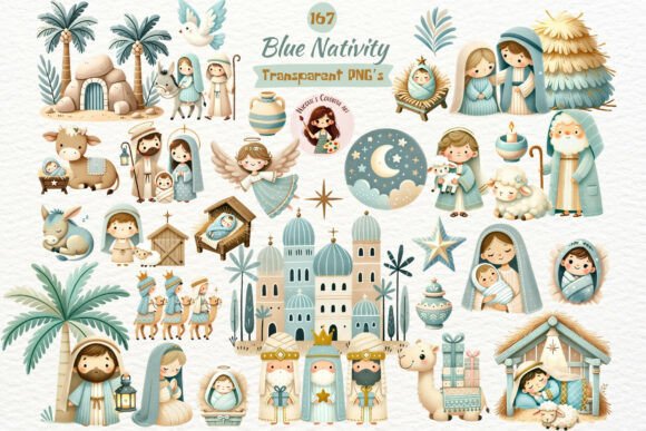 Watercolor Cute Christmas Nativity PNG for Illustrations
