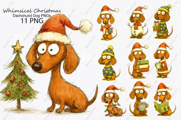 Whimsical Christmas Dachshund Dog PNGs