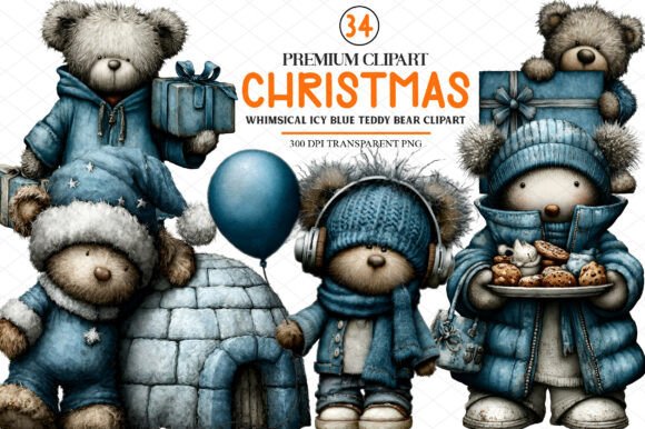 Whimsical Christmas Icy Blue Teddy Bear Illustrations