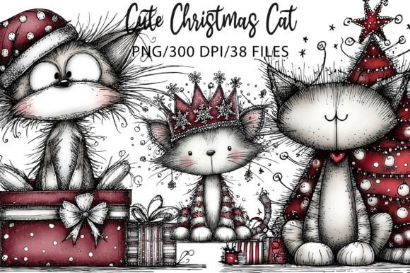 Whimsical Cute Christmas Cat Illustration for Design Projects